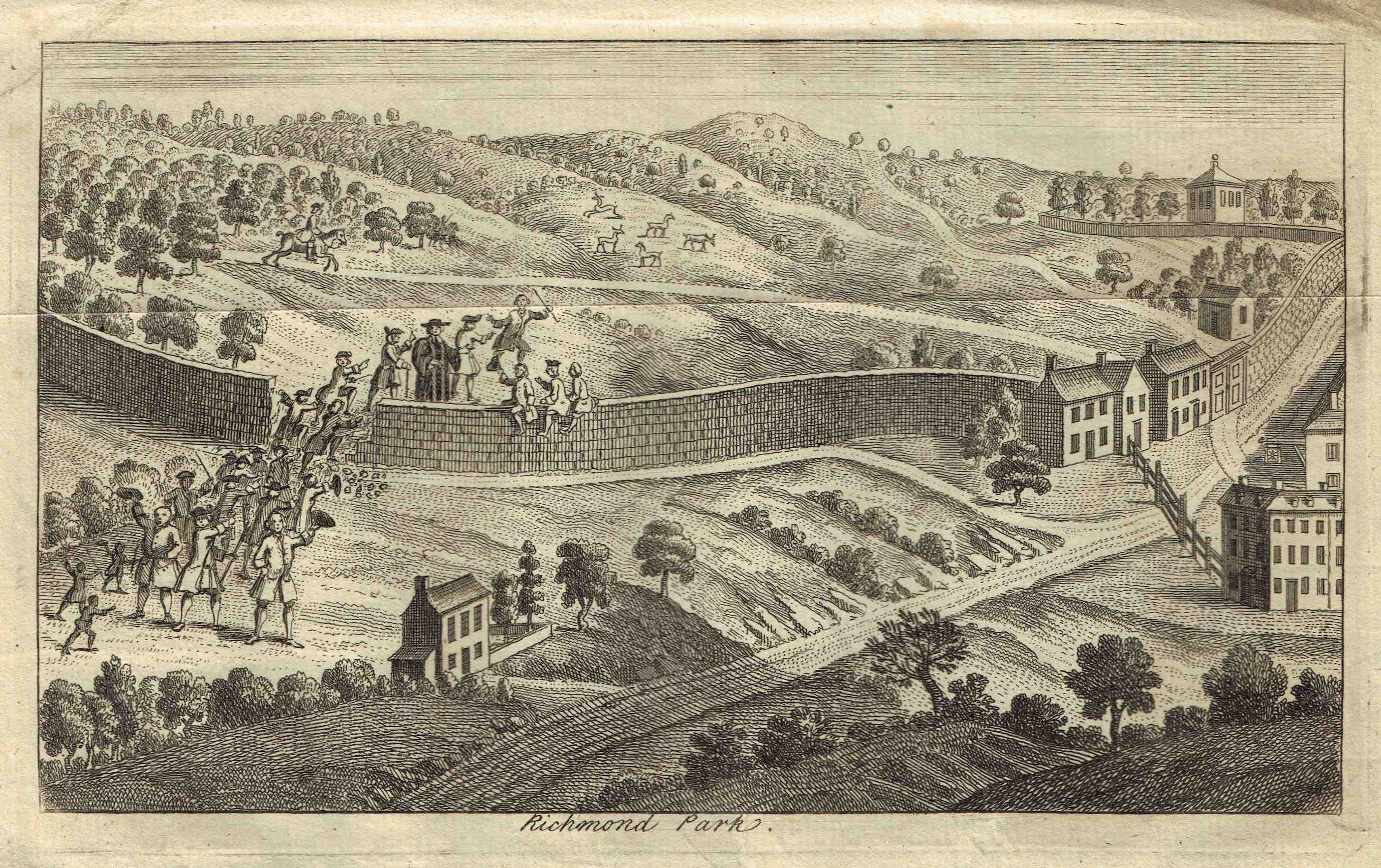 Historical engraving depicting Richmond Park with various buildings and people.